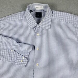 David Donahue Shirt Mens Size 17.5 Purple Blue Plaid Dress Button Up Long Sleeve